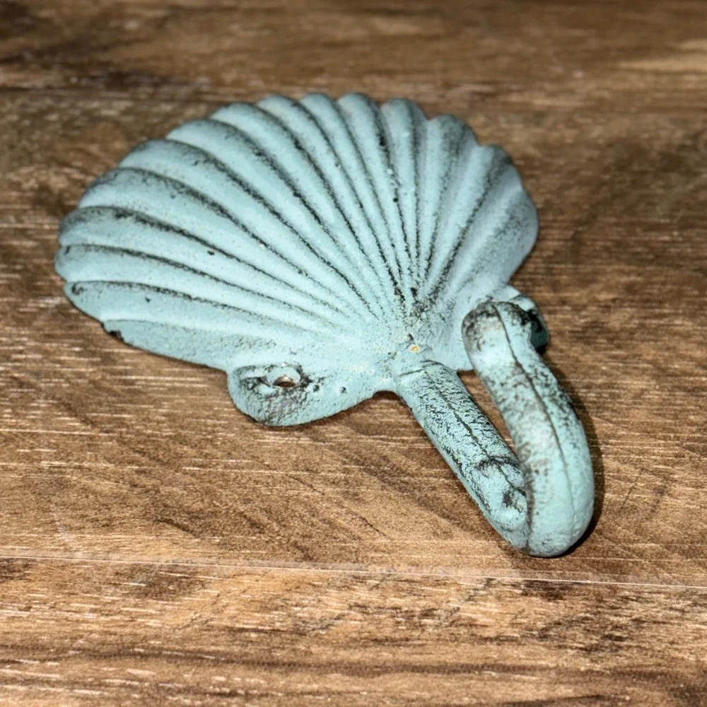 Cast Iron Beach Seashell Wall Hook Distressed Teal Scallop Shell 7x4